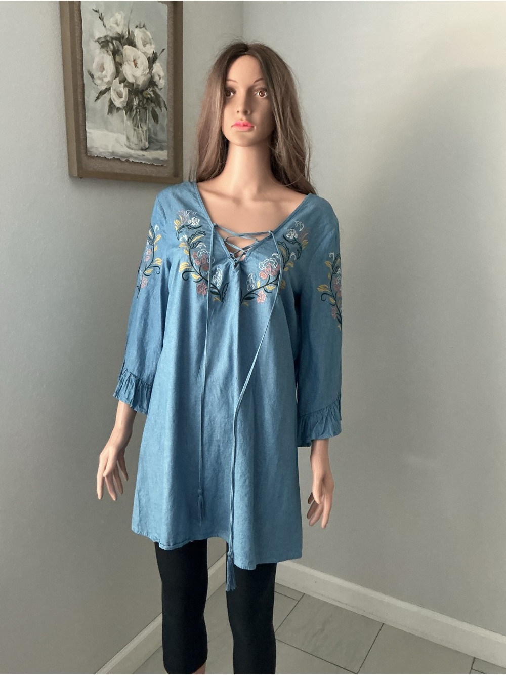 Flying Tomato Light Blue Embroidered Lace-Up Tunic